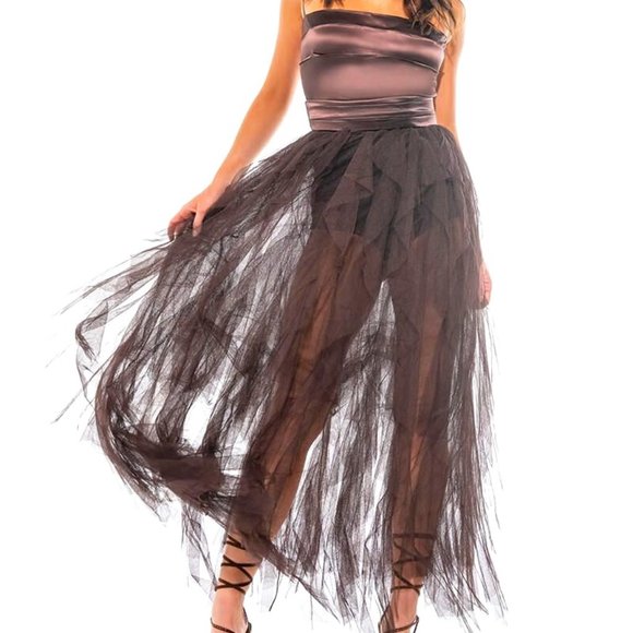Callie Lives Dresses & Skirts - Stasia Chocolate Tulle: Brown Maxi Satin Tube Dress Small